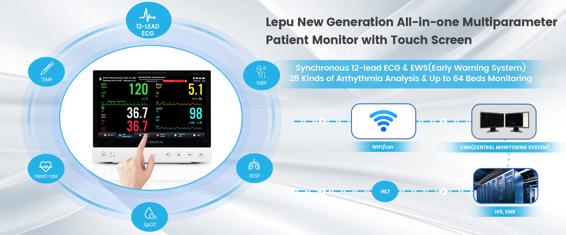 Lepu Medical AiView V12, monitor portátil de sinais vitais tudo-em-um, análise de IA, diagnóstico multiparâmetro, monitor de paciente com tela sensível ao toque para casa clínica de UTI do hospital